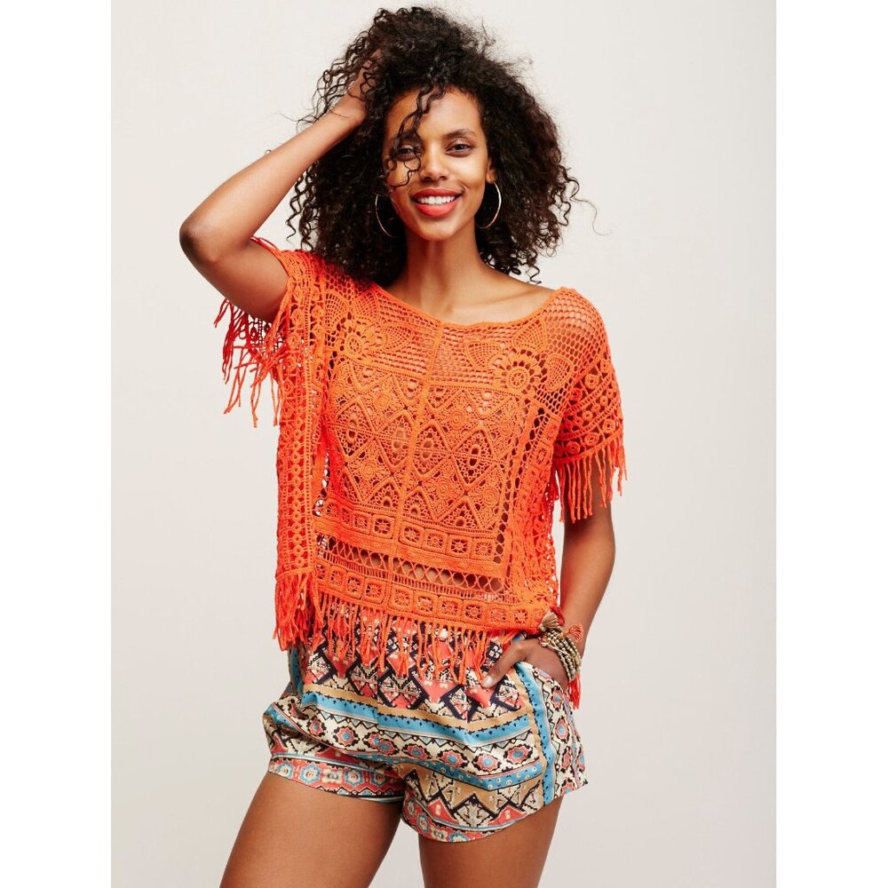 Jastie Sz. M/L Crochet Lace Fringe Top Festival